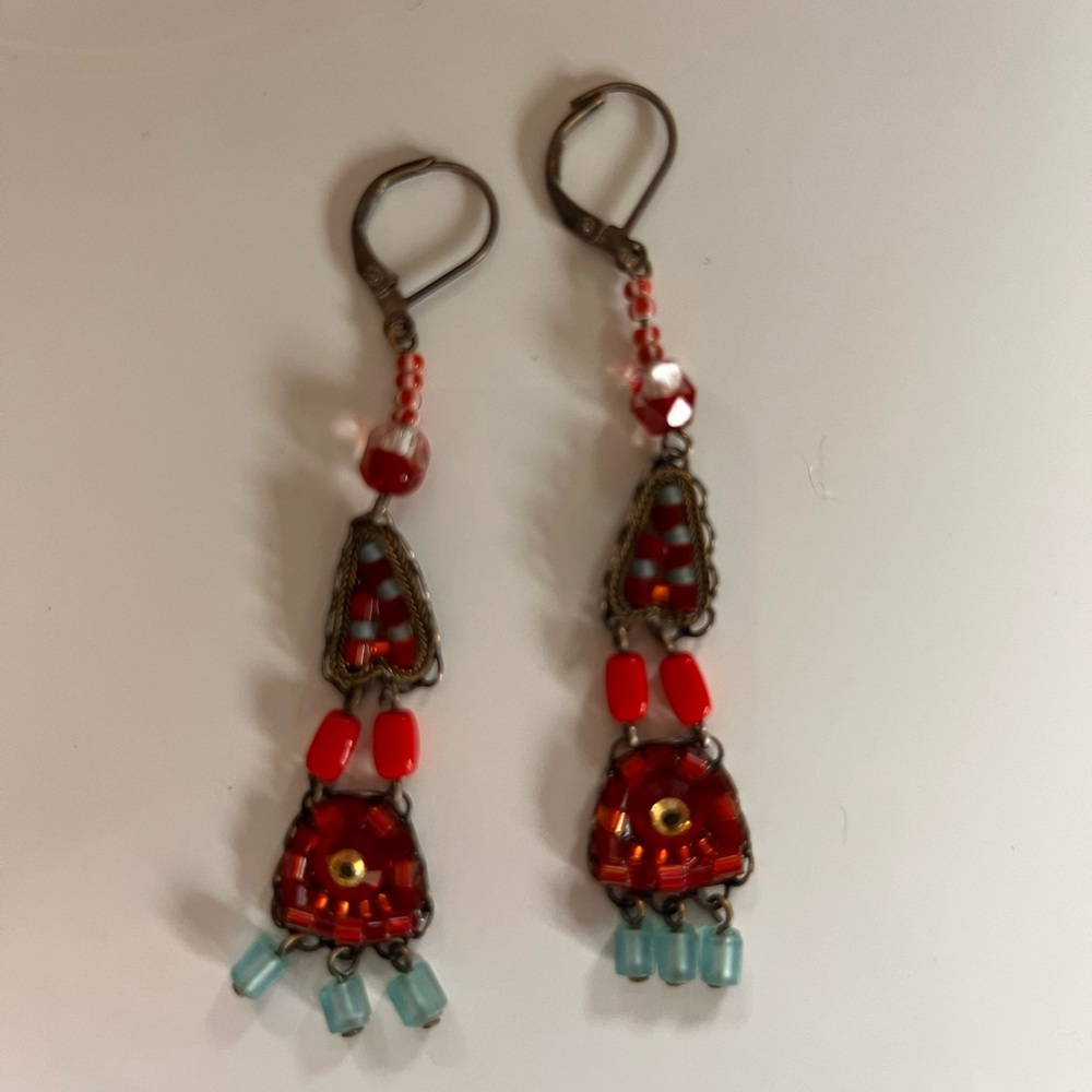 Elegant Red and Blue Beaded Earrings - Picture 1 of 7